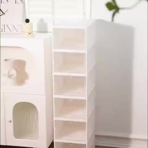 6-Tier Stackable Shoe Storage Box Set, featuring easy-access front-opening waterproof transparent plastic storage bins with no assembly required - perfect for closets and entryways.