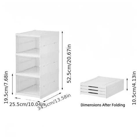 3-Tier Stackable Shoe Storage Box Set, featuring easy-access front-opening waterproof transparent plastic storage bins with no assembly required - perfect for closets and entryways.