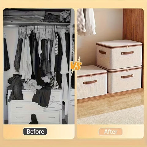42L Double Zipper Storage Box with Faux Leather Handles | Large Capacity Lidded Basket, Perfect for Storing Clothes, Bedding, and Moving — Ideal for Bedrooms, Dorms, Studies, Wardrobes, Laundry Baskets, Shelf Bins, and Storage Racks.