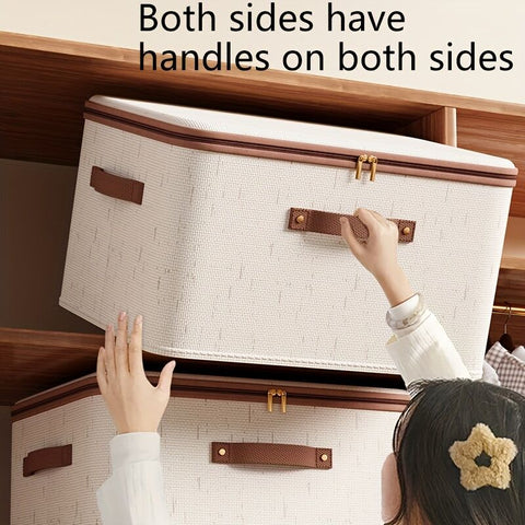 42L Double Zipper Storage Box with Faux Leather Handles | Large Capacity Lidded Basket, Perfect for Storing Clothes, Bedding, and Moving — Ideal for Bedrooms, Dorms, Studies, Wardrobes, Laundry Baskets, Shelf Bins, and Storage Racks.