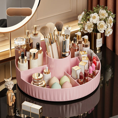 Rotatable Luxury Cosmetic Organizer Desk Large Capacity Skincare Storage Shelf Vanity Tidy Tray Cosmetic Storage Box（cream color）
