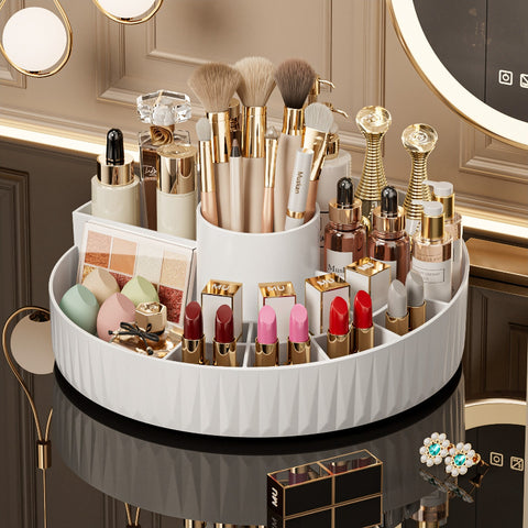 Rotatable Luxury Cosmetic Organizer Desk Large Capacity Skincare Storage Shelf Vanity Tidy Tray Cosmetic Storage Box（cream color）