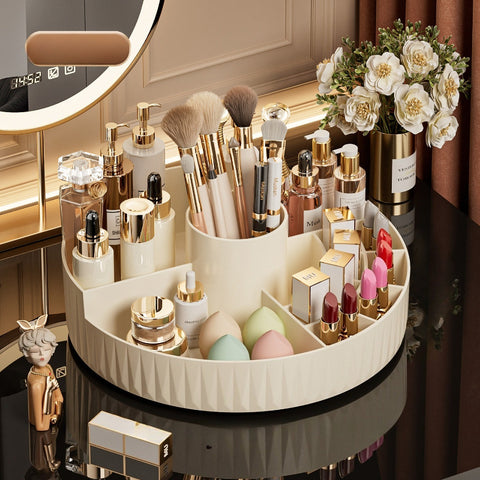 Rotatable Luxury Cosmetic Organizer Desk Large Capacity Skincare Storage Shelf Vanity Tidy Tray Cosmetic Storage Box（cream color）