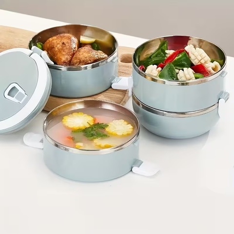 Two-layer circular lunch boxes, stainless steel insulated lunch containers, covered storage containers, suitable for office workers, school trips, camping and picnics, kitchen supplies