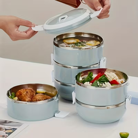 Two-layer circular lunch boxes, stainless steel insulated lunch containers, covered storage containers, suitable for office workers, school trips, camping and picnics, kitchen supplies