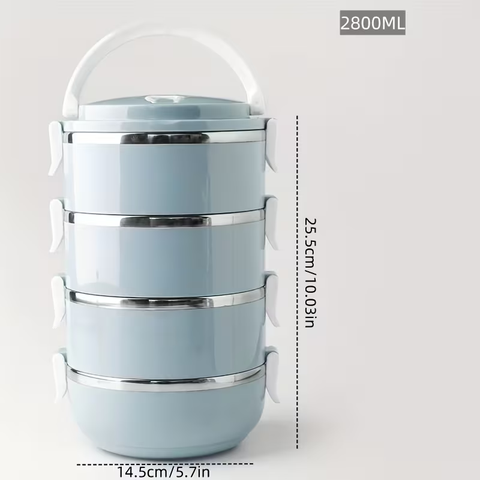 Four-layer circular lunch box, stainless steel insulated lunch container, lid-equipped storage container, suitable for office workers, school trips, camping and picnics, kitchen supplies