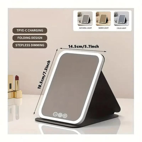 LED folding makeup mirror with light, portable travel beauty mirror with light, three-color adjustable light, touch screen, rechargeable