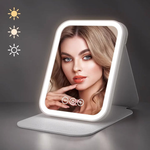 LED folding makeup mirror with light, portable travel beauty mirror with light, three-color adjustable light, touch screen, rechargeable