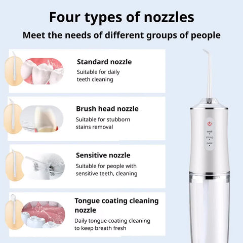 Wireless electric water toothbrush set, equipped with 4 nozzle heads - 360° rotatable nozzles, USB charging, lithium battery, suitable for daily teeth and gum cleaning, suitable for both men and women, is the perfect gift for the holidays. Dental cleaning