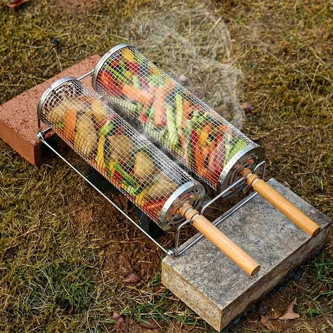 stainless steel BBQ grill, anti-scald design (barbecue basket + barbecue fork + hook) barbecue tool set, portable outdoor barbecue essential items, barbecue camping barbecue accessories, covered outdoor barbecue basket, suitable for camping and outdoor BB
