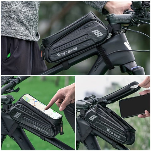 WEST BIKING Large Capacity Bike Front Handle Bag - Heavy-duty nylon and EVA structure, with zipper storage space, can accommodate 7-inch mobile phone, 7-inch tablet, tools - compatible with road bike, mountain bike, safety zipper closure