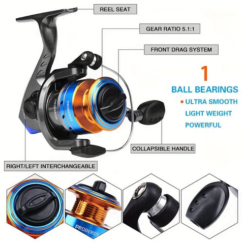 Proberus fishing rod reel set, including spinning reel, 1.8-meter fishing rod, fishing line, artificial bait, lead weight hook, complete set with storage bag