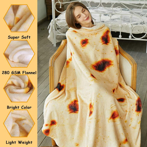 Burritos Tortilla Throw Blanket (Yellow), Novelty Funny Round Blanket for Kids & Adults, Soft Flannel Tortilla Wrap Blanket（60",Teenagers）