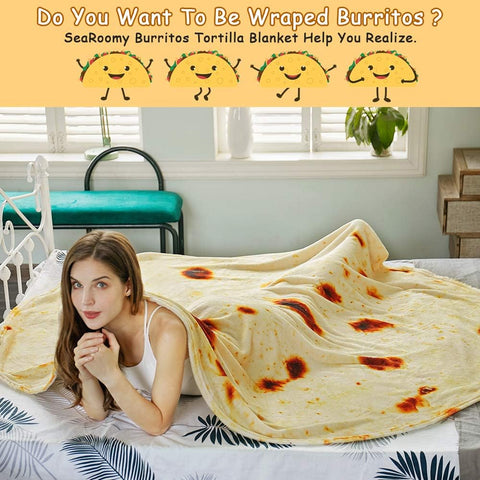 Burritos Tortilla Throw Blanket (Yellow), Novelty Funny Round Blanket for Kids & Adults, Soft Flannel Tortilla Wrap Blanket（60",Teenagers）
