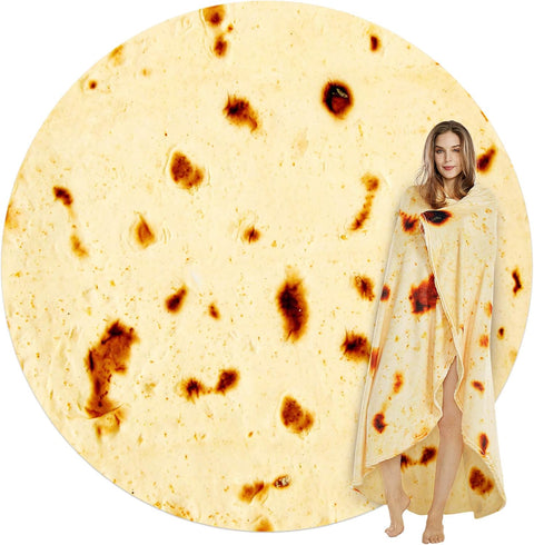 Burritos Tortilla Throw Blanket (Yellow), Novelty Funny Round Blanket for Kids & Adults, Soft Flannel Tortilla Wrap Blanket（71", Adults）