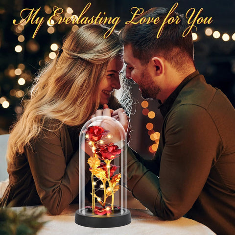 Eternal Blue Rose in Glass Dome with LED Lights, Romantic Forever Flower Gift for Valentine’s Day Anniversary Mother’s Day Birthday (Red)