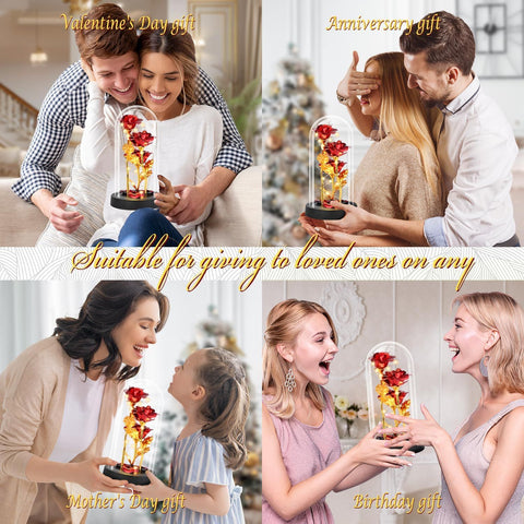 Eternal Blue Rose in Glass Dome with LED Lights, Romantic Forever Flower Gift for Valentine’s Day Anniversary Mother’s Day Birthday (Red)