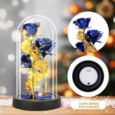 Eternal Blue Rose in Glass Dome with LED Lights, Romantic Forever Flower Gift for Valentine’s Day Anniversary Mother’s Day Birthday (Blue)