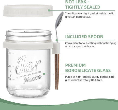 4-Pack 16oz Glass Overnight Oats Jars with Lids & Spoons, Airtight Mason Jars for Yogurt, Salad, Fruit, Meal Prep, Leak-Proof & Portable (Multicolor)