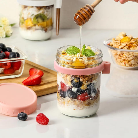 4-Pack 16oz Glass Overnight Oats Jars with Lids & Spoons, Airtight Mason Jars for Yogurt, Salad, Fruit, Meal Prep, Leak-Proof & Portable (Multicolor)