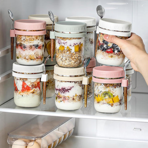 4-Pack 16oz Glass Overnight Oats Jars with Lids & Spoons, Airtight Mason Jars for Yogurt, Salad, Fruit, Meal Prep, Leak-Proof & Portable (Multicolor)