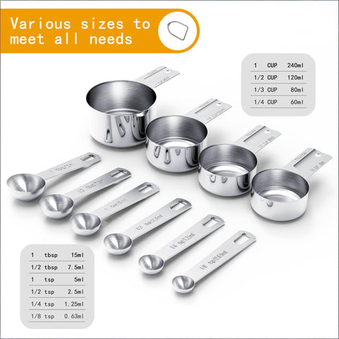 10-Piece Stainless Steel Measuring Cup and Spoon Set with Engraved Dual-Scale Markings, Nesting Design, Hanging Ring, and Compact Storage—Ideal for Baking, Cooking, and Portion Control in Home Kitchens (Silver)