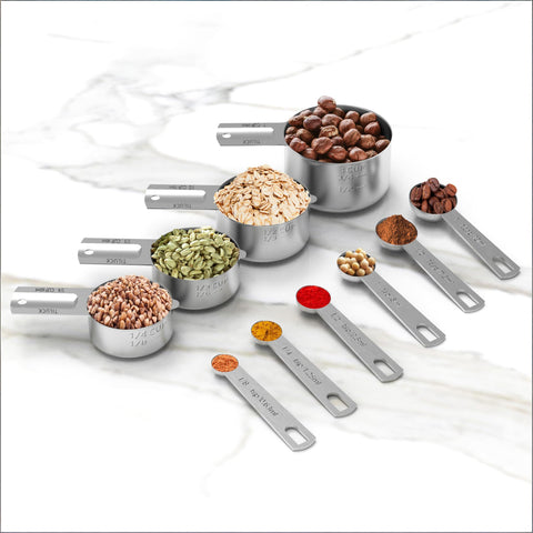 10-Piece Stainless Steel Measuring Cup and Spoon Set with Engraved Dual-Scale Markings, Nesting Design, Hanging Ring, and Compact Storage—Ideal for Baking, Cooking, and Portion Control in Home Kitchens (Silver)