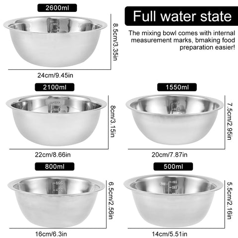 5-Piece Stainless Steel Mixing Bowl Set for Baking, Salad, Dough & Food Prep – Nesting Design with Measurement Marks and Durable Finish (Silver)