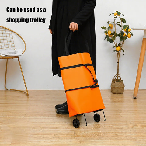 2-in-1 Collapsible Shopping Trolley with Wheels – Foldable Grocery Cart, Reusable Waterproof Oxford Bag for Supermarket, Picnic & Travel (Orange)