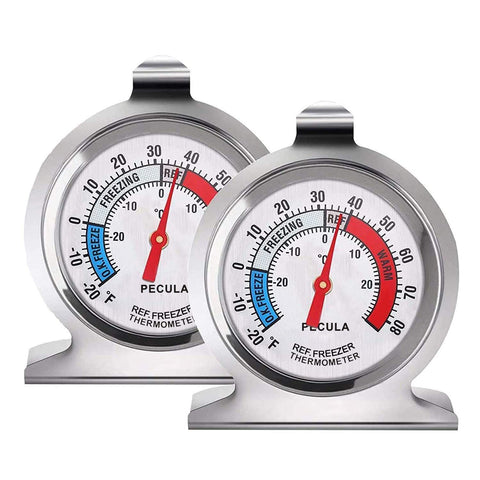 2-Pack Refrigerator & Freezer Thermometers with Large Analog Dial, Color-Coded Zones, Dual Scale (°F/°C), Hanging Hook and Stand Base—For Monitoring Cold Storage Conditions in Home Fridges and Freezers (Silver)