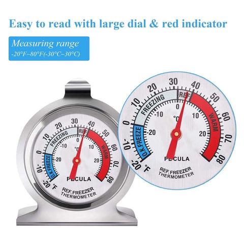 2-Pack Refrigerator & Freezer Thermometers with Large Analog Dial, Color-Coded Zones, Dual Scale (°F/°C), Hanging Hook and Stand Base—For Monitoring Cold Storage Conditions in Home Fridges and Freezers (Silver)