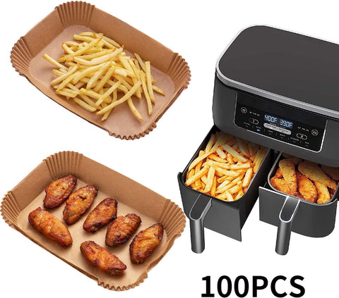 100-Pack Air Fryer Paper Liners – Rectangular Bowl-Style, Unbleached Kraft Paper, Heat-Resistant & Grease-Proof, Compatible with Most Dual-Basket Air Fryers, Ovens, Microwaves, and Instant Pots—Single-Use Convenience for Easy Cleanup (Brown)