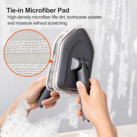 3-in-1 Extendable Cleaning System with Rotatable Head, Stiff Bristle Brush, Microfiber Pad, and Scouring Pad—Telescopic Handle, Interchangeable Heads for Bath, Tile, Glass, and Floor Use—Compact & Versatile Home Cleaning Tool (Grey)