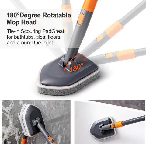 3-in-1 Extendable Cleaning System with Rotatable Head, Stiff Bristle Brush, Microfiber Pad, and Scouring Pad—Telescopic Handle, Interchangeable Heads for Bath, Tile, Glass, and Floor Use—Compact & Versatile Home Cleaning Tool (Grey)