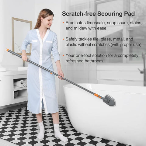 3-in-1 Extendable Cleaning System with Rotatable Head, Stiff Bristle Brush, Microfiber Pad, and Scouring Pad—Telescopic Handle, Interchangeable Heads for Bath, Tile, Glass, and Floor Use—Compact & Versatile Home Cleaning Tool (Grey)