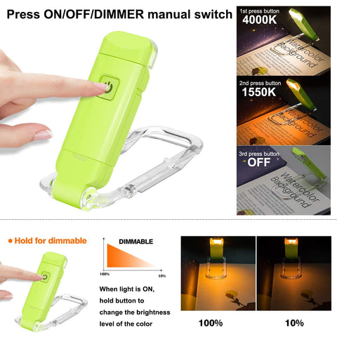 Rechargeable LED Book Light with Dimmable Warm White & Amber Modes – USB-Powered Clip-On Reading Lamp for Books, Sheet Music & Travel (Green)