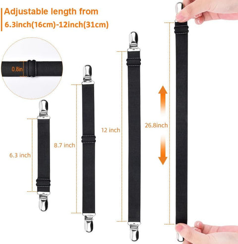 4-Pack Adjustable Bed Sheet Straps with Clips, Elastic Sheet Fasteners for Fitted Sheets, Sofa Covers, Tablecloths, Anti-Slip Grippers for Crib to King Size Beds (Black)