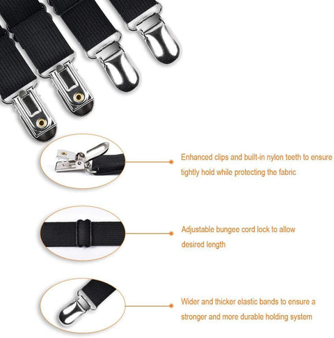 4-Pack Adjustable Bed Sheet Straps with Clips, Elastic Sheet Fasteners for Fitted Sheets, Sofa Covers, Tablecloths, Anti-Slip Grippers for Crib to King Size Beds (Black)
