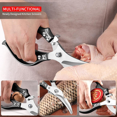 Heavy Duty Kitchen Shears, Poultry Scissors for Cutting Chicken Bones, German Stainless Steel, All-Metal Design, Spring-Loaded, Dishwasher Safe (Black)