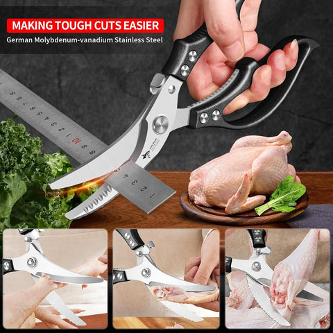 Heavy Duty Kitchen Shears, Poultry Scissors for Cutting Chicken Bones, German Stainless Steel, All-Metal Design, Spring-Loaded, Dishwasher Safe (Black)