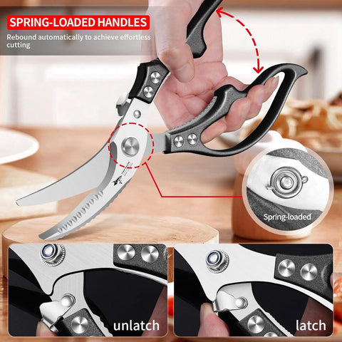 Heavy Duty Kitchen Shears, Poultry Scissors for Cutting Chicken Bones, German Stainless Steel, All-Metal Design, Spring-Loaded, Dishwasher Safe (Black)