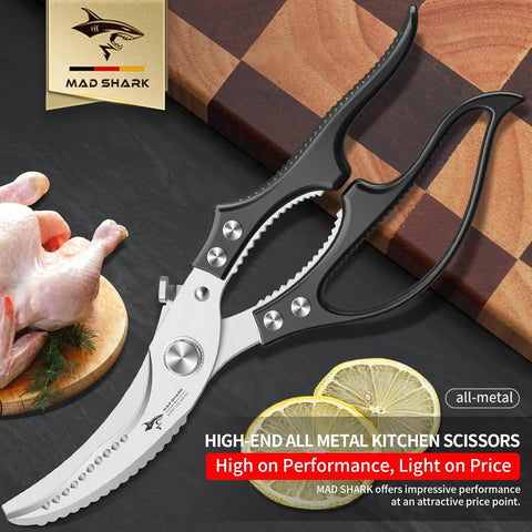 Heavy Duty Kitchen Shears, Poultry Scissors for Cutting Chicken Bones, German Stainless Steel, All-Metal Design, Spring-Loaded, Dishwasher Safe (Black)