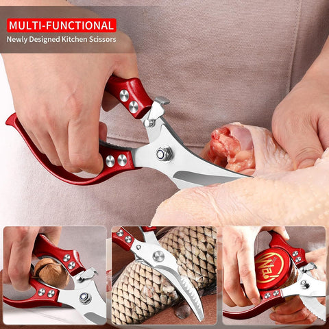 Heavy Duty Kitchen Shears, Poultry Scissors for Cutting Chicken Bones, German Stainless Steel, All-Metal Design, Spring-Loaded, Dishwasher Safe (Red)