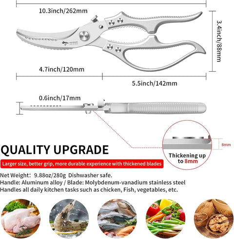Heavy Duty Kitchen Shears, Poultry Scissors for Cutting Chicken Bones, German Stainless Steel, All-Metal Design, Spring-Loaded, Dishwasher Safe (Silver)