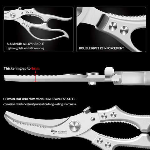 Heavy Duty Kitchen Shears, Poultry Scissors for Cutting Chicken Bones, German Stainless Steel, All-Metal Design, Spring-Loaded, Dishwasher Safe (Silver)