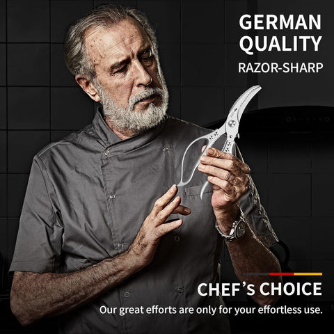 Heavy Duty Kitchen Shears, Poultry Scissors for Cutting Chicken Bones, German Stainless Steel, All-Metal Design, Spring-Loaded, Dishwasher Safe (Silver)
