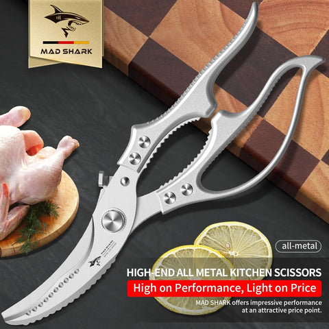 Heavy Duty Kitchen Shears, Poultry Scissors for Cutting Chicken Bones, German Stainless Steel, All-Metal Design, Spring-Loaded, Dishwasher Safe (Silver)