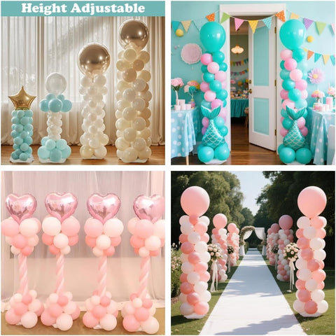 2Pcs Adjustable Metal Balloon Column Stand Kit with Water Base for Birthday Wedding Party Decoration, Reusable Telescopic Pole Set for DIY Balloon Garland Arch (Silver)