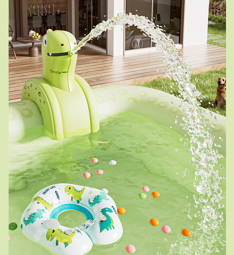 Inflatable Swimming Pool 210×140×56cm with Canopy & Dinosaur Spray – Kids Outdoor Water Play Set for Backyard, Garden, Summer Fun (Green)