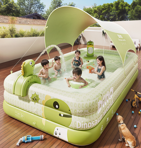 Inflatable Swimming Pool 260×160×56cm with Canopy & Dinosaur Spray – Kids Outdoor Water Play Set for Backyard, Garden, Summer Fun (Green)
